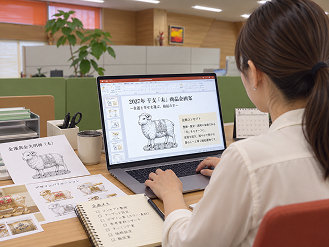 パソコンで企画資料を作成するスタッフ