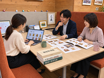 テーブルを囲み、資料を見ながら意見交換をするスタッフ